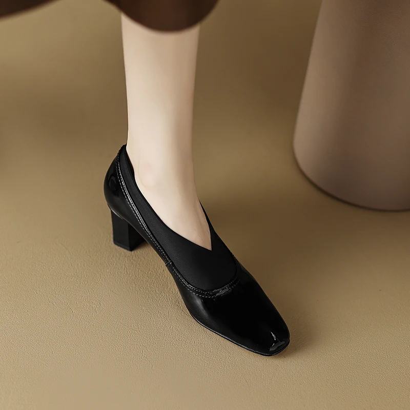 Spring and Autumn Cowhide Women's Shoes Square Toe Lacquer Leather Elastic Belt High Heel Simple Thick Heel Women's Shoes