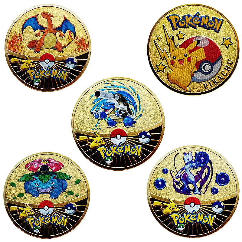 

Pokemon Coins Gold Anime Commemorative Coin Golden Pokemon Cards Round Metal Silver Mewtwo Coins Charizard Pikachu Metal Coin