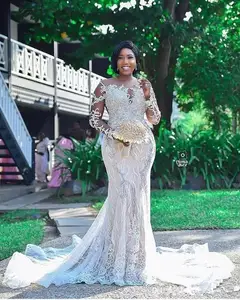 Luxurious Lace Beaded African Wedding Dresses Mermaid Sheer Neck Bridal Dresses Long Sleeves Vintage Sexy Wedding Gowns