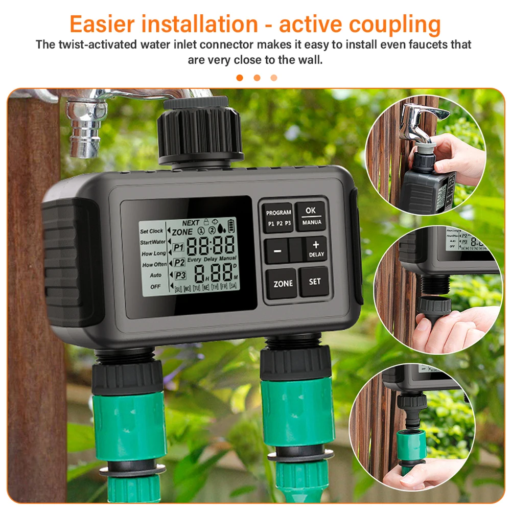 Large Screen Display Irrigation Controller Outdoor 2 Zone Programmable Garden Water Timer Automatic Irrigation System Controller