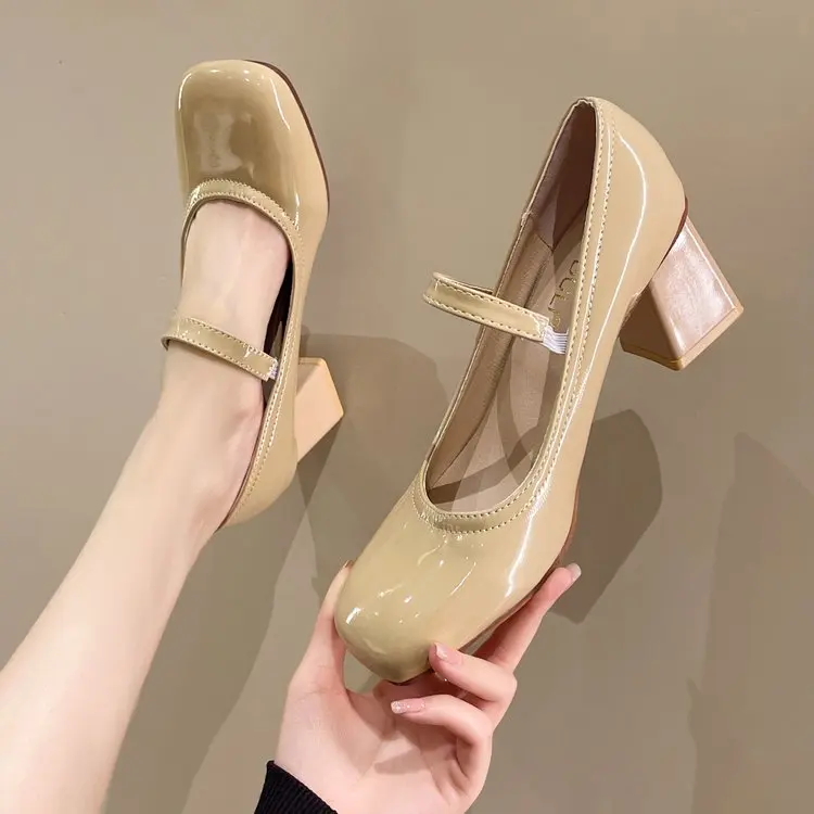 

Women's Shallow Mouth Square Toe High Heels Mary Jane High Heels New Brand Luxury Party Shoes Khaki Beige Pumps Women's Shoes