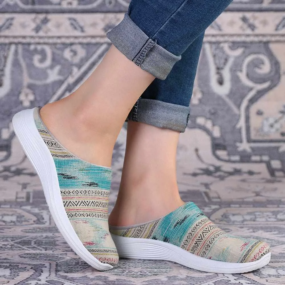 

2022 New Stripe Printing Canvas Slippers Slip Resistant Flat Backless Shoe Women Casual Slip On Flat Shoes Closed Toe Comfy Shoe