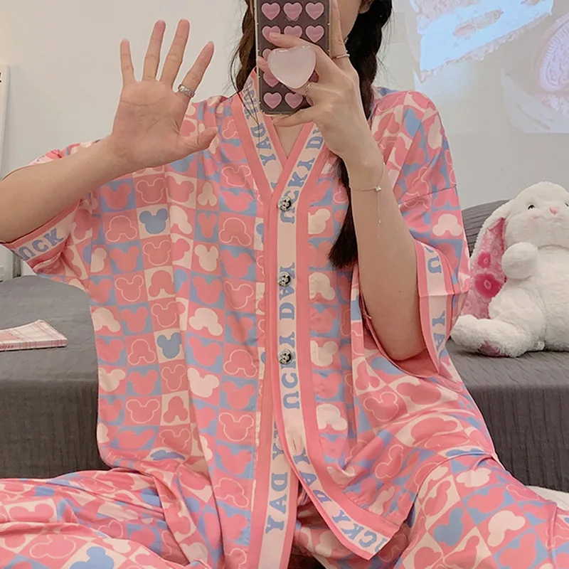 Милая розовая пижама из вискозы женская тонкая летняя Пижама с коротким рукавом