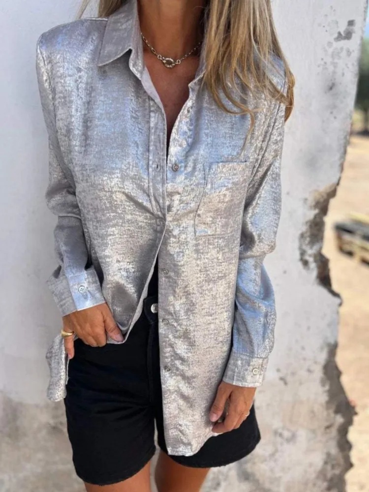 Весна-лето женская блестящая золотая модная блузка с длинными рукавами