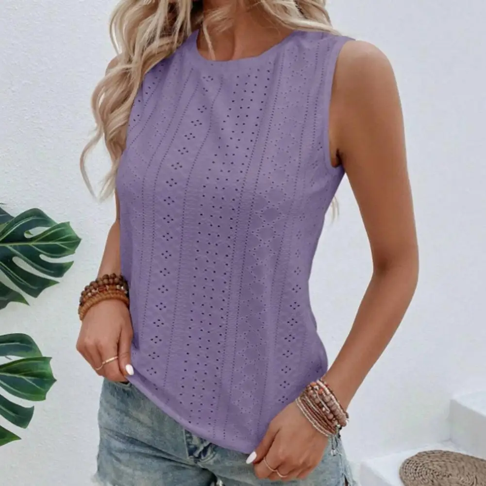 

Summer Women O-neck Sleeveless Tops Solid Color Embroidery Hollow Out Loose Fit Casual Basic Tops Streetwear
