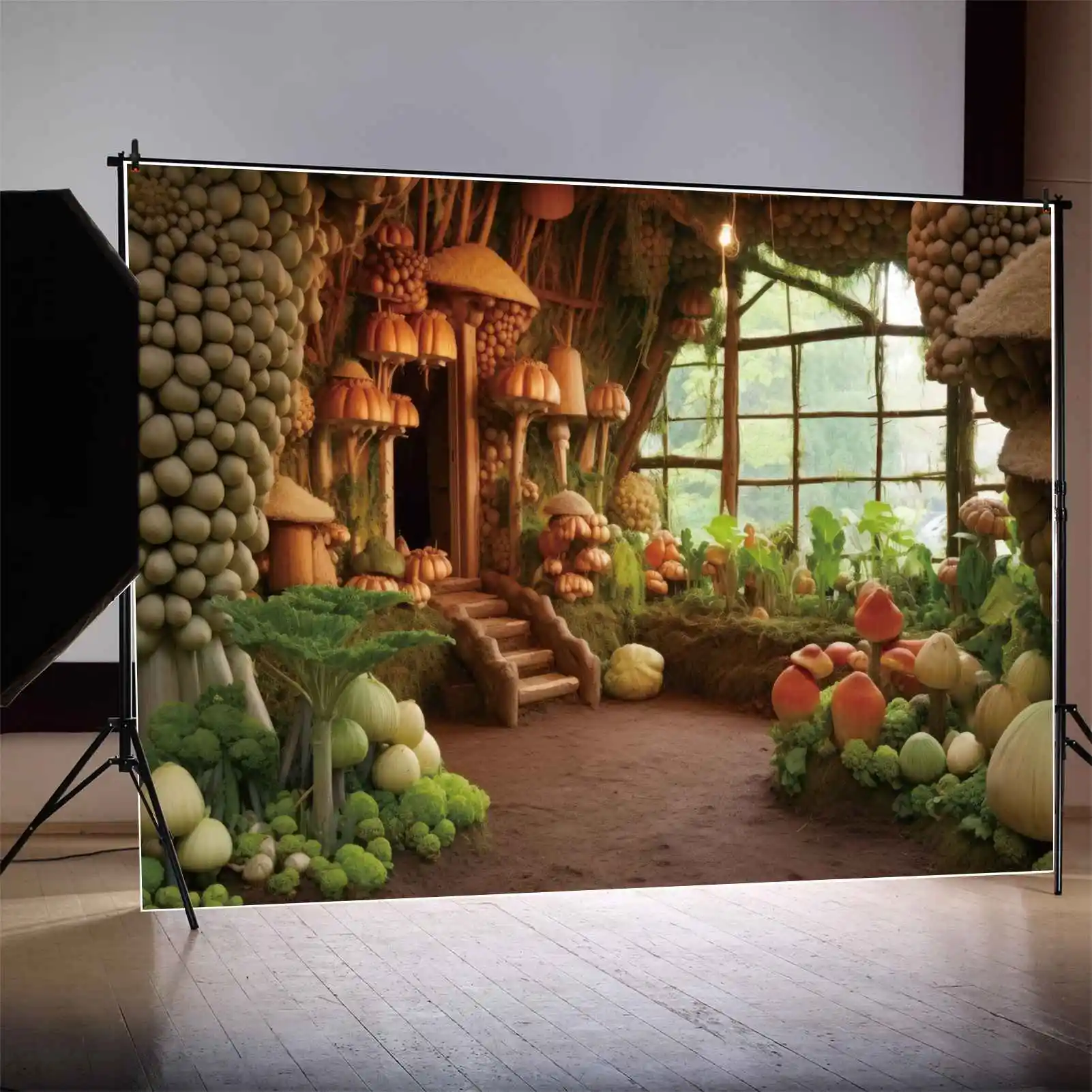 

MOON.QG Backdrop Forest Cabin Home Room Birthday Party Photography Background Children's Greenery Mushroom Vegetable Photo Booth