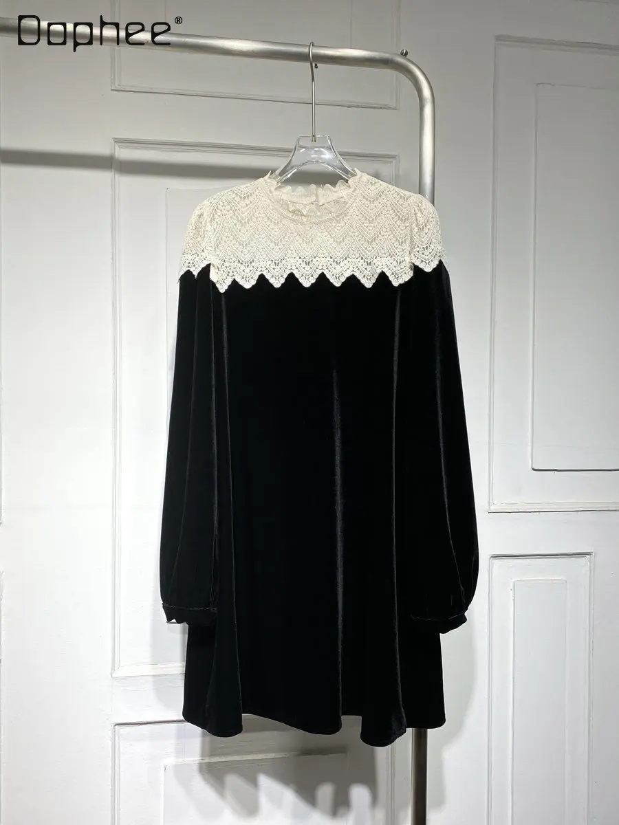 

Commuting Elegant Stitching Lace Dress for Women Autumn and Winter New Loose Slimming Youthful-Looking High Waist Midi Dress