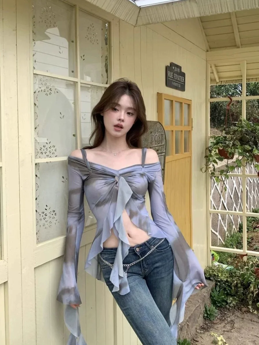 Y2K Ins Chic Tie Dye Женские топы Осенняя лента Sexi Уличная одежда Блузка с запахом Рубашки