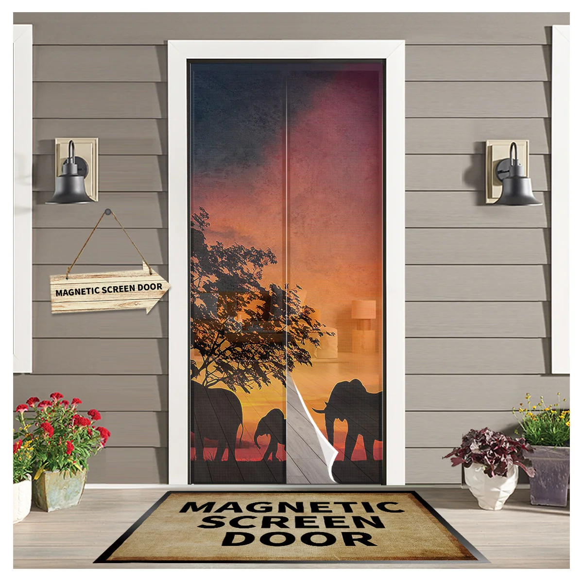 

Dusk Trees Elephants Door Curtain Indoor Insect Mosquito Window Screen Curtain Magnetic Door Mesh for Kitchen Window