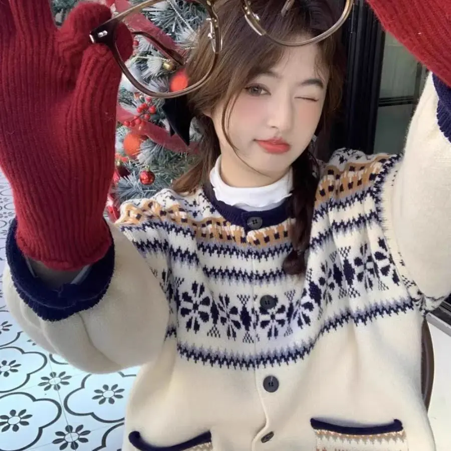 Британский свитер кардиган однобортный жаккардовый свободный ретро-свитер с