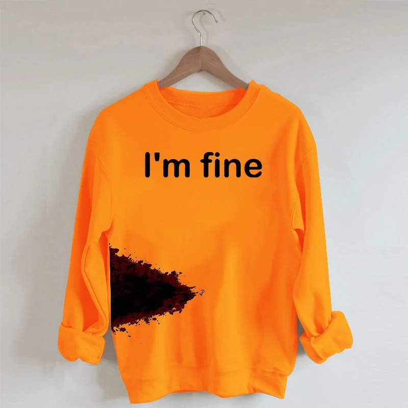 

Rheaclot Halloween I'M FINE Bloodstained Women's Cotton Tops Female Funny Cute Long Sleeves Sweatshirt