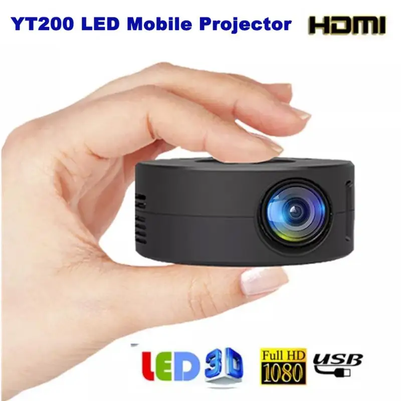 

YT200 Black LED Mobile Video Projector Support 1080P Home Theater Media Player Kids Home Wired Same Screen Projector