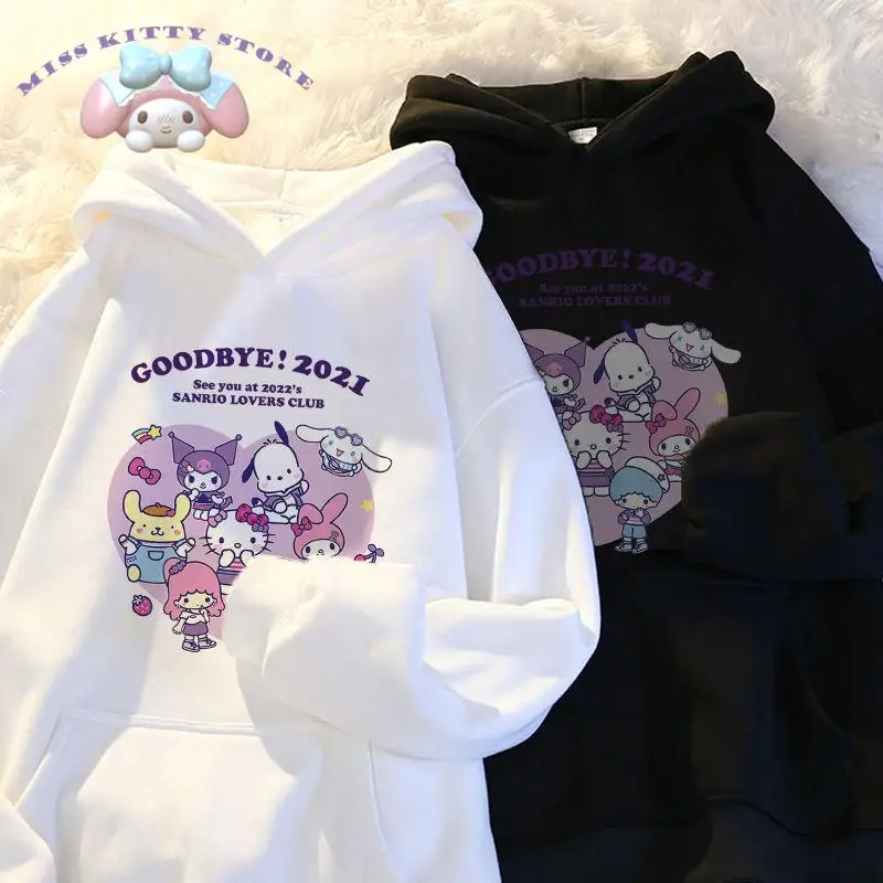 

Sanrio HelloKitty Cinnamoroll Purin Mymelody Cartoon Women's Cute Hooded Sweater Printed Loose Coat Autumn and Winter Velvet Top