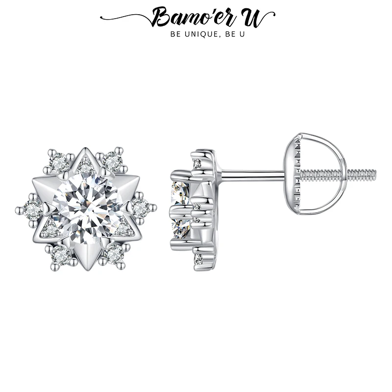 

Bamoer U 1CT Moissanite Star Ear Stud Surrounding Zircon Flower Earrings D Color VVS1 EX Shining Ear Decor Valentine's Day Gift