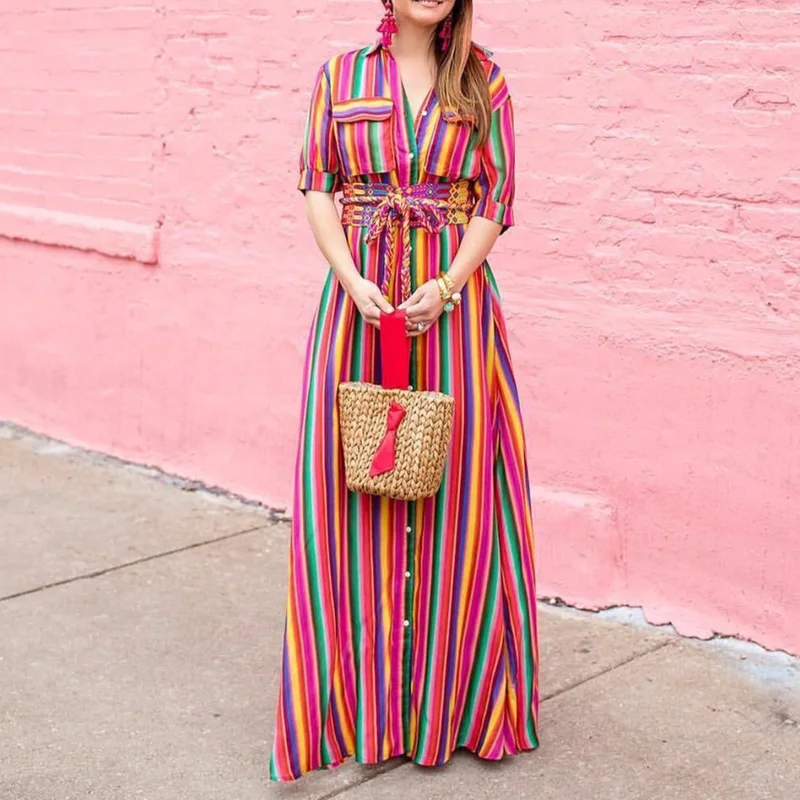 

Women Bohemia Dress indie Casual Summer Loose Long Maxi Striped Print Button Down Shirt Boho Dresses 2021 Large aesthetic