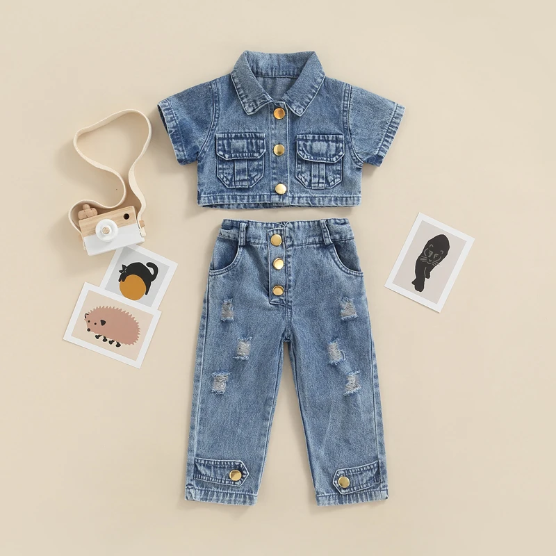 

Джинсовый комплект для девочек 1-6 лет, топ с коротким рукавом, отложным воротником и золотыми пуговицами + длинные рваные джинсовые брюки с б...