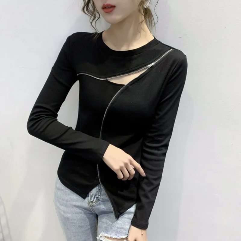 

#5512 Black White Red Green Irregular T Shirt Women Cotton Zipper Sexy Hollow Out Womens Tee Shirts Long Sleeved Spring Autumn