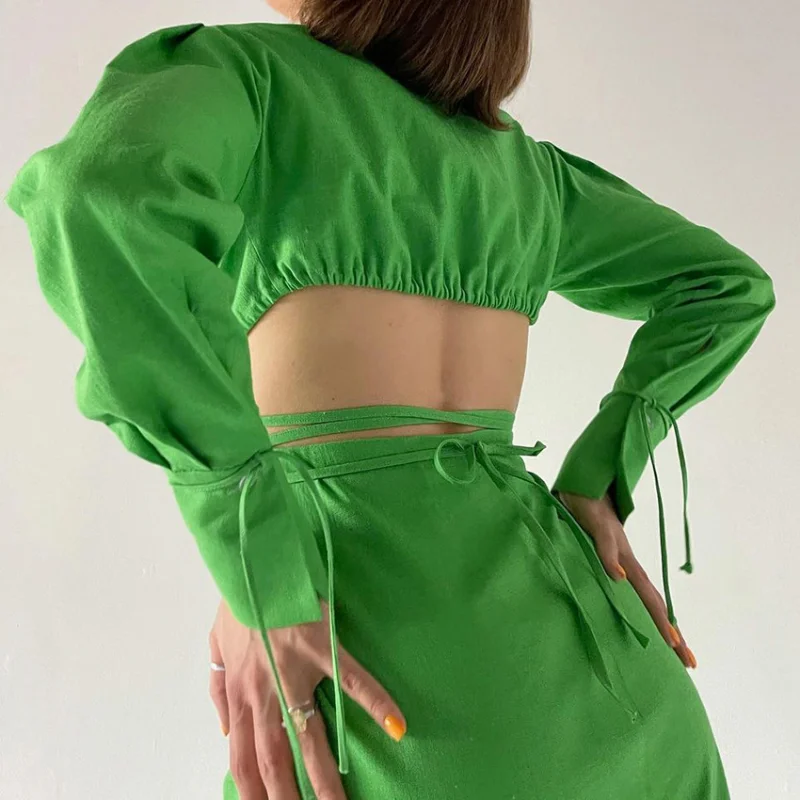 

Green Cotton Hollow Out Turn-Down Collar Sashes Lady Long Dress Single Breasted Lace Up Straight Mid-Calf Dresses Women Vestidos