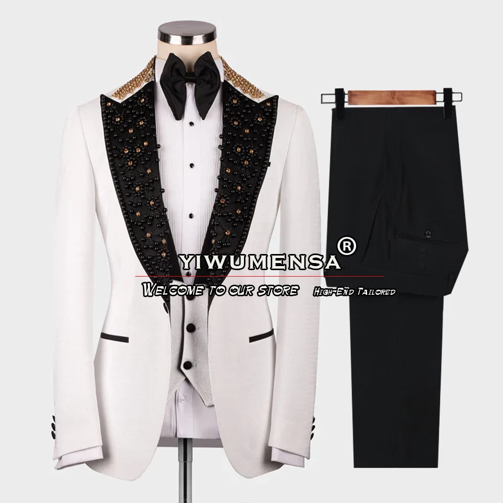 Groom Wear Wedding Tuxedo Black/gold Pearls Lapel Blazer Tailore Made Formal Banquet Male Prom Dress Elegant
