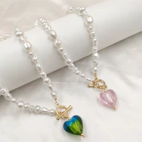 2022 new fashion women bohemia ot buckle glass heart pearls chain necklace women summer party heart pendant pearl chain necklace