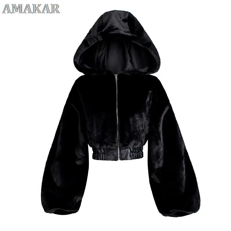 

Autumn Winter Faux Rabbit Fur Bomber Teddy Coat Zipper Streetwear High Waist Furry Hooded Plush Jacket Cardigan Fleece Parkas