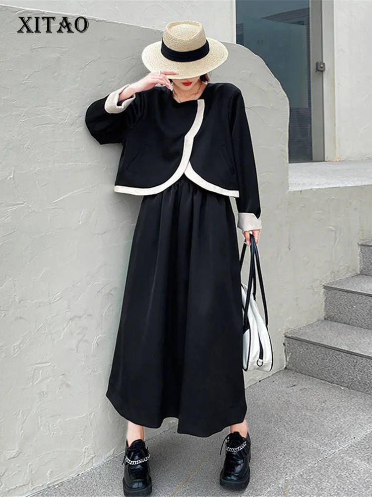 

XITAO Women Black Two Piece Set Full Sleeve Single Breast Top Elastic Waist Pleated Skirt Small Fresh Casual Spring WLD6820