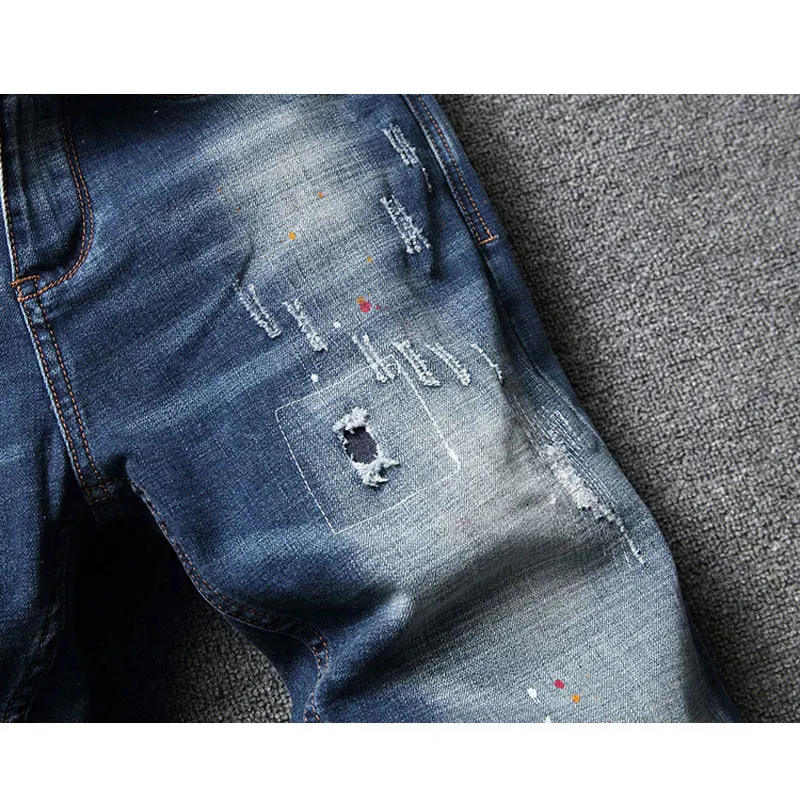Модные мужские джинсы в уличном стиле Высококачественные эластичные синие с