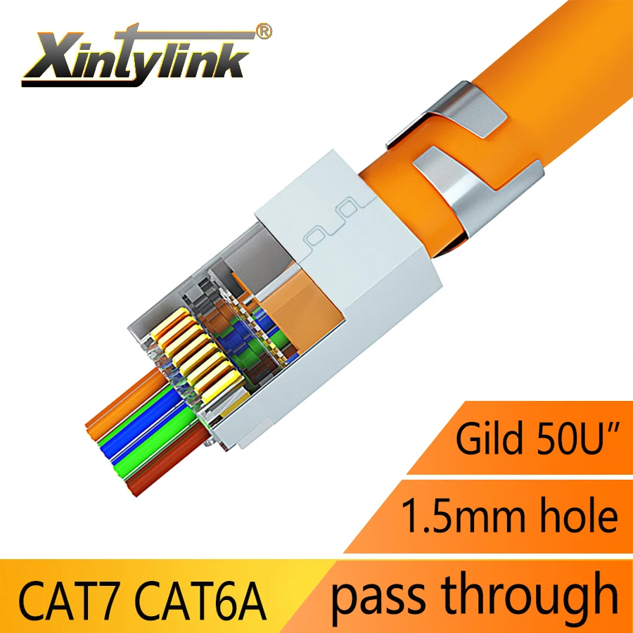 

xintylink CAT7 rj45 connector 10Gbps 50U CAT6A ethernet cable plug network SFTP FTP shielded lan jack pass through 1.5MM hole