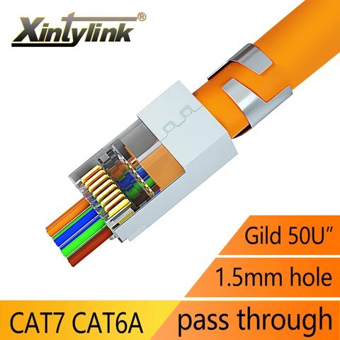 Коннектор xintylink CAT7 rj45, 10 Гбит/с, 50U, CAT6A, штекер кабеля ethernet, сеть SFTP, FTP, экранированный штекер lan, сквозное отверстие 1,5 мм