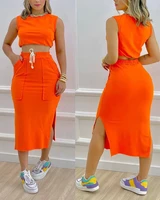 women solid orange sleeveless casual crop tank top split hem skirt set midi bodycon dress elegant party wear two piece suits