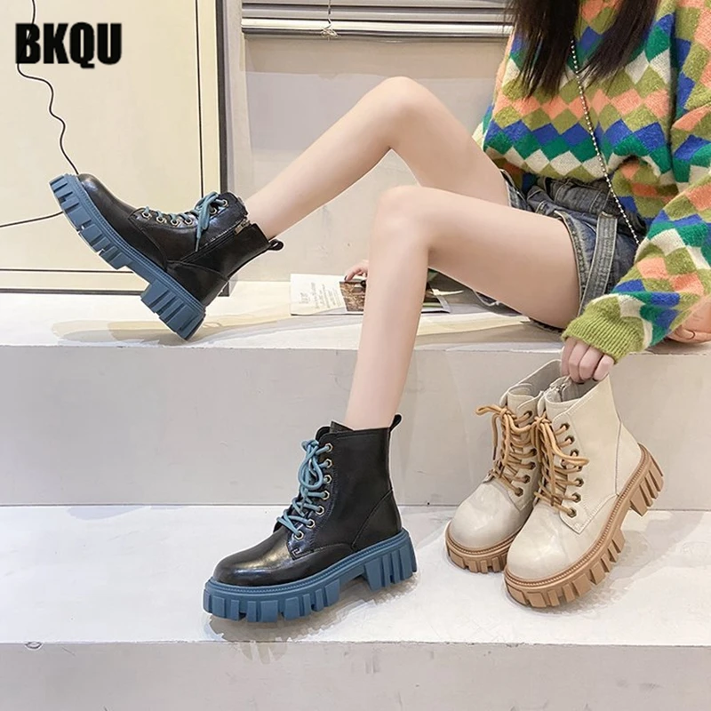 

New 2022 Autumn Zippers Women Ankle Boots Lace Up Platform Ladies Non Slip Motocycle Boots Female Casual Cool Shoes Street Style