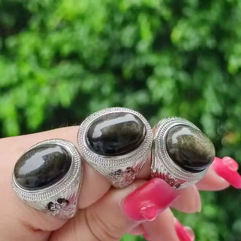 

1pcs/lot Pure Natural Gas Oval Obsidian Men's Openwork Ring Adjustable s925 sterling silver inlay precious accessories jewelry