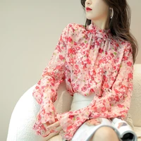 floral flared sleeves womens pair of silk craft silk shirts blouses for women ruffle top print casual o neck