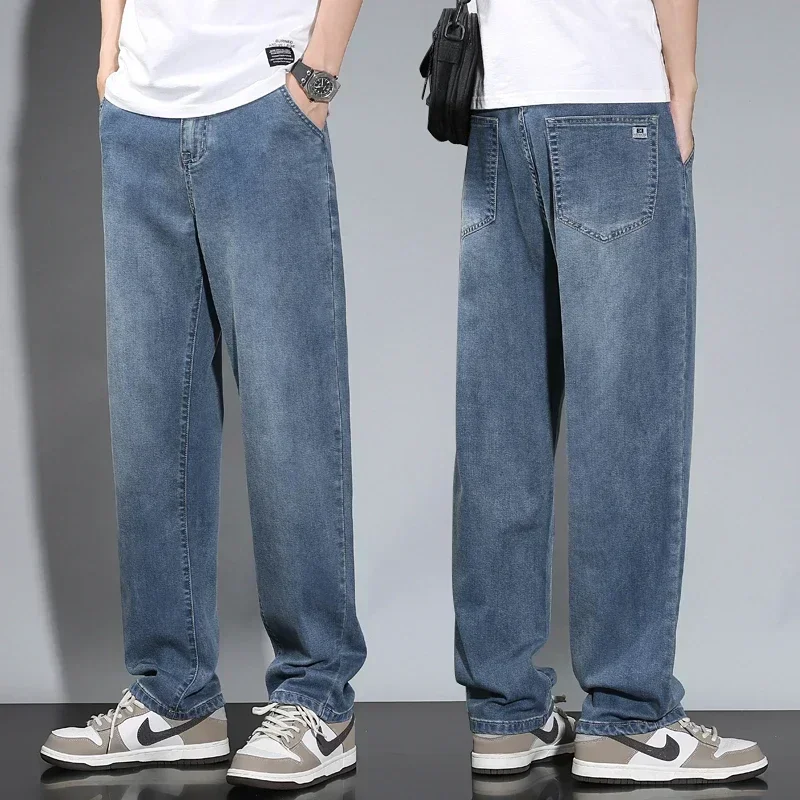 Летние тонкие мужские прямые свободные серые джинсы из мягкой ткани Lyocell ткань