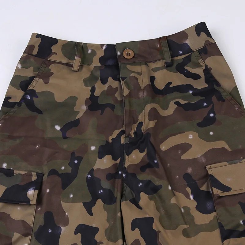 Camouflage Cargo Shorts For Women High Waist Zipper Pockets Green Camo Overalls Streetwear Retro Straight Leg Short Pants
