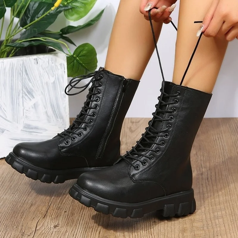 Women's Martens Boots PU Leather White Ankle Boots Autumn Winter Motorcycle Boots Fashion Female  Chunky Heel Platform Boots