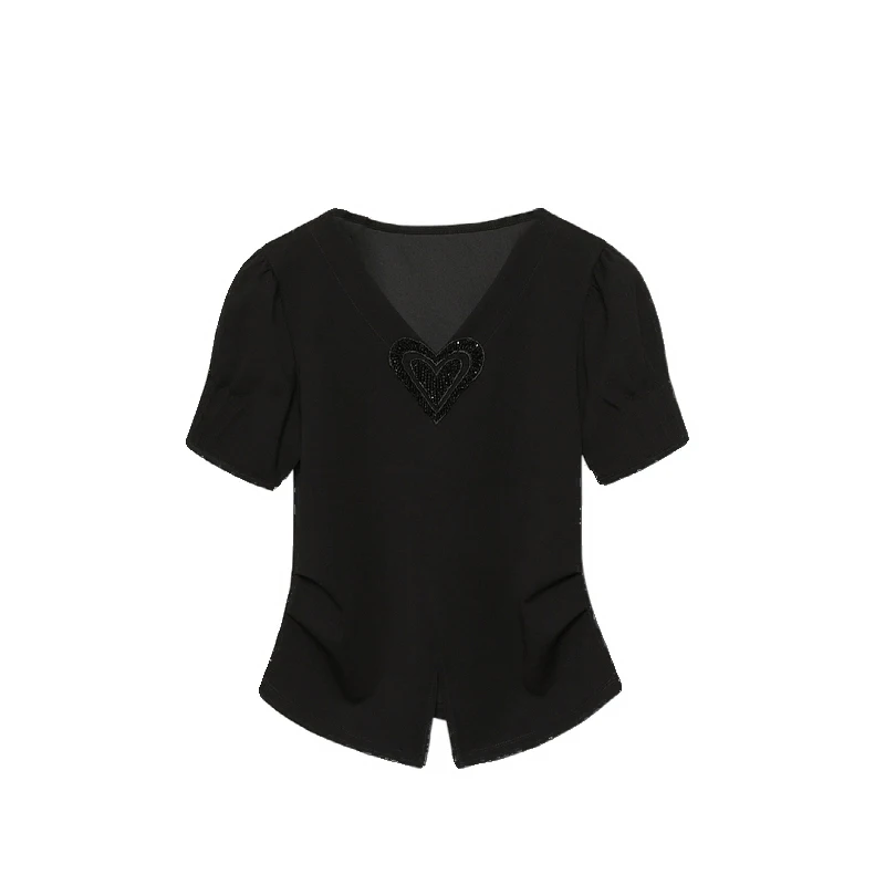 Plus size Split Hem Love Pure Cotton V-neck Short sleeve T-shirt 2024 Summer New Design Sense Puff sleeve Top