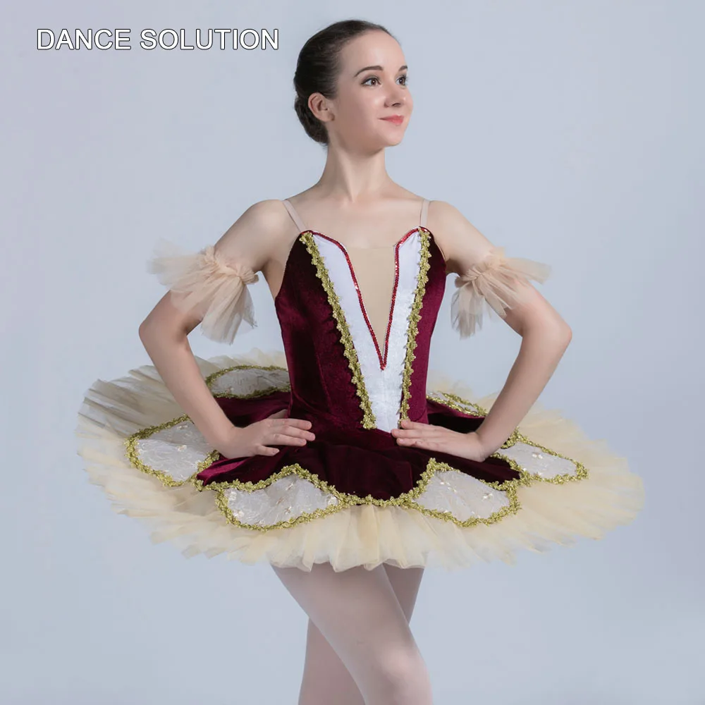 

Child Adult Professional Classical Ballet Tutu Costume Burgundy Velvet Bodice with Applique Trims Women's Ballet Costume BLL133