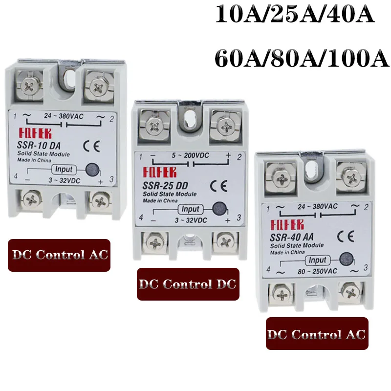 

1 шт. твердотельное реле однофазное бесконтактное SSR постоянного тока в постоянный ток переменного тока в переменный ток в переменный ток 24-380 В переменного тока 10A 25A 40A 50A 60A 80A 100A