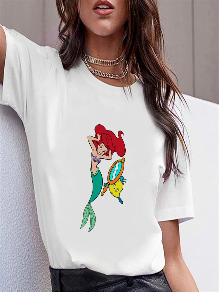 

Disney White Clothes Women T-Shirts Comfy S-2XL Print Outdoor Casual Style The Little Mermaid Series Female T Shirts Dropship