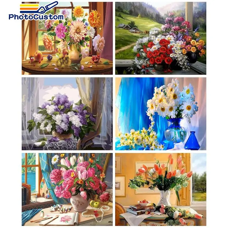 

PhotoCustom Paint By Number Vase Flowers Drawing On Canvas HandPainted Art Gift DIY Pictures By Number Kits Home Decor