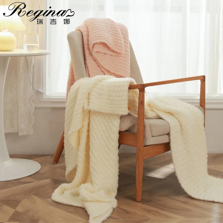 

REGINA Brand Hairy Stripe Knitted Blanket Microfiber Downy Fluffy Cozy Soft Sofa Bed Office Car Throws White Pink Gray Blankets