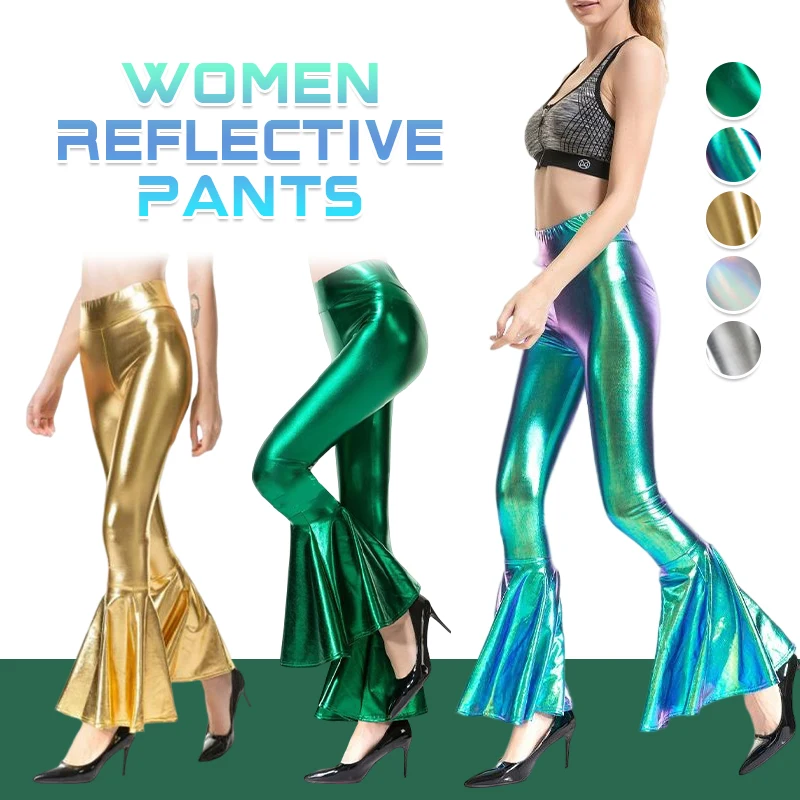 Women Shiny Laser Flare Trousers Metallic Wetlook Ruffle Skinny  Stretch Pants Retro 70s Disco Stage Club Trousers Bell Bottoms