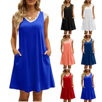 chic and elegant dresses for women 2022 summer solid color sleeveless lace stitching v neck pocket casual dress female dress