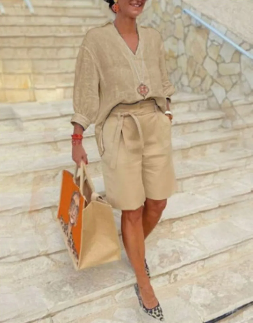 New Autumn Women's Two Piece Set Fashion Lace Up Solid Color Three Quarter Sleeves Round Neck Casua Pocket Loose Women Suit