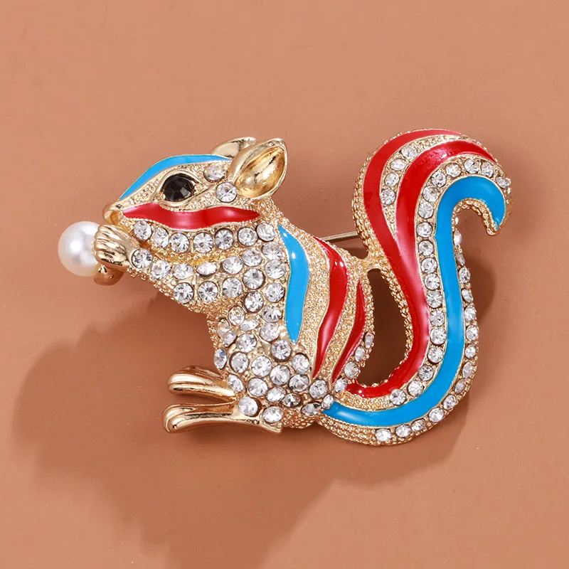 

Fashion Jewelry brooch Lovely squirrel Full Diamond oil drip Pearl brooch 4.9*3.5CM 5pcs/lot
