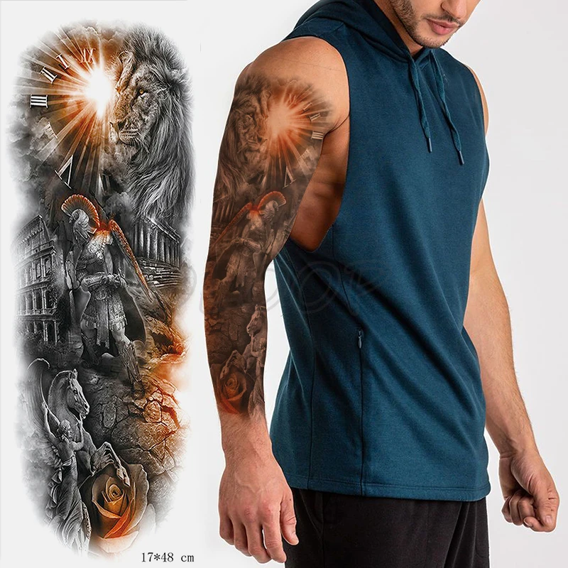 

Tattoo Sticker Temporary Full Arm Large lion clock rose roman warrior Pegasus Waterproof hand Tatoo Flash Fake boy girl Tatto