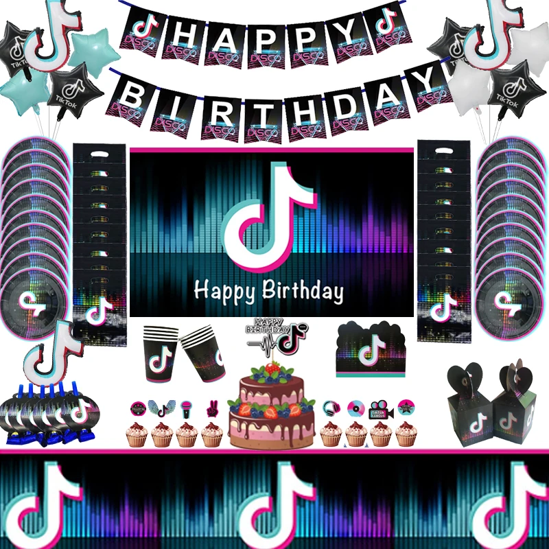 

Music Tik Party Birthday Decorations Balloons Disposable Tableware set Backdrop Cake Topper Party Supplies for Boy kids Toy Gift