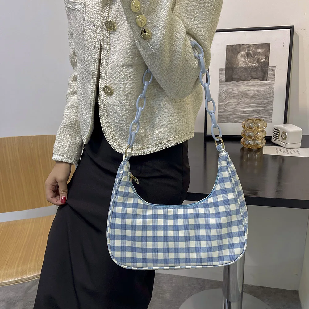 

Модная женская сумка из ткани Оксфорд, сумка на плечо с принтом в клетку, Новая повседневная женская сумка-шоппер с акриловой цепочкой
