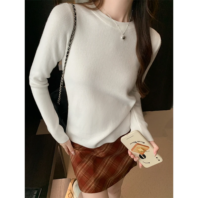 Повседневная однотонная трикотажная базовая рубашка с круглым вырезом женские